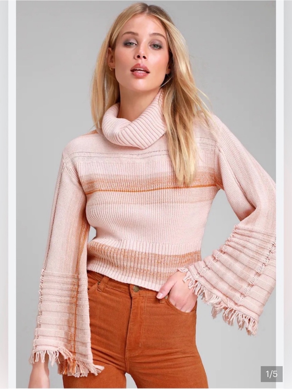 Free People Close to Me Light Blush Pink Striped Bell Sleeve Sweater Size Large